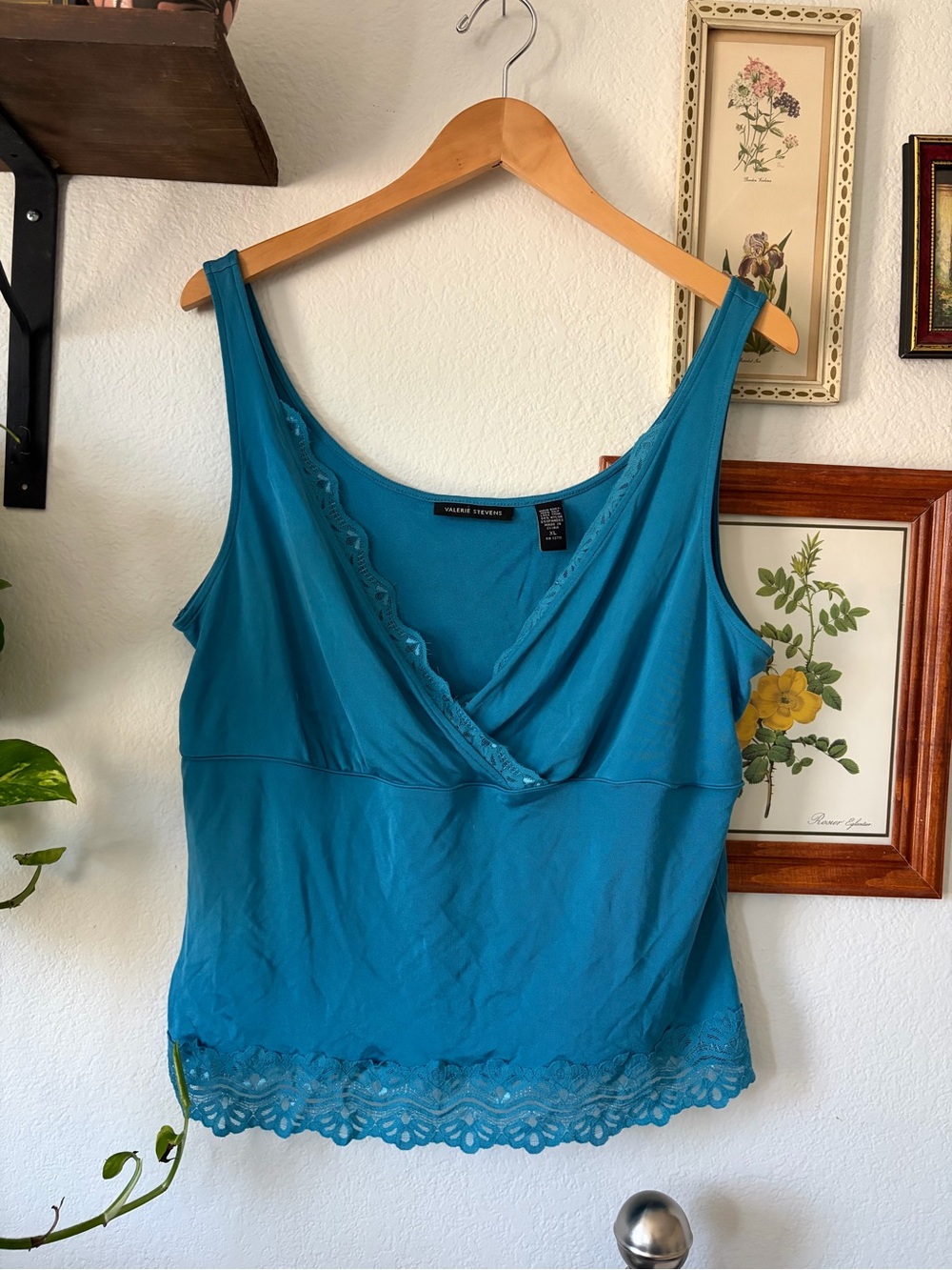 Vintage Y2K Silk Camisole Top – Teal Lace Trim Valerie Stevens XL